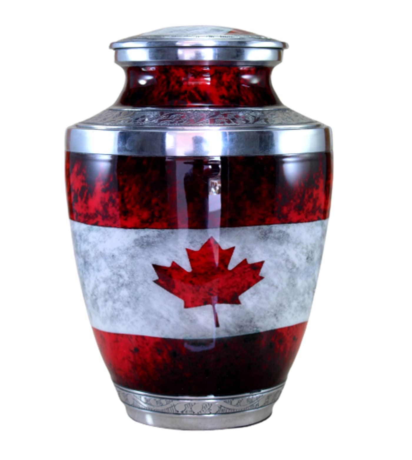 eSplanade Metal Cremation Urn Memorial Jar Pot Container | Full Size Urn for Funeral Ashes Burial | Maple Leaf Print | White-Red - 10" Inches