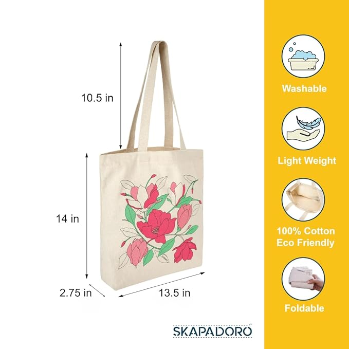 SKAPADORO, Canvas Zip Tote - 100% Cotton, Ecofriendly Printed Tote Bags For Travel, College & Beach, Shopping, Grocery, Easy to Wash Trendy Everyday Shoulder Bag (1, Magnolia Flower)