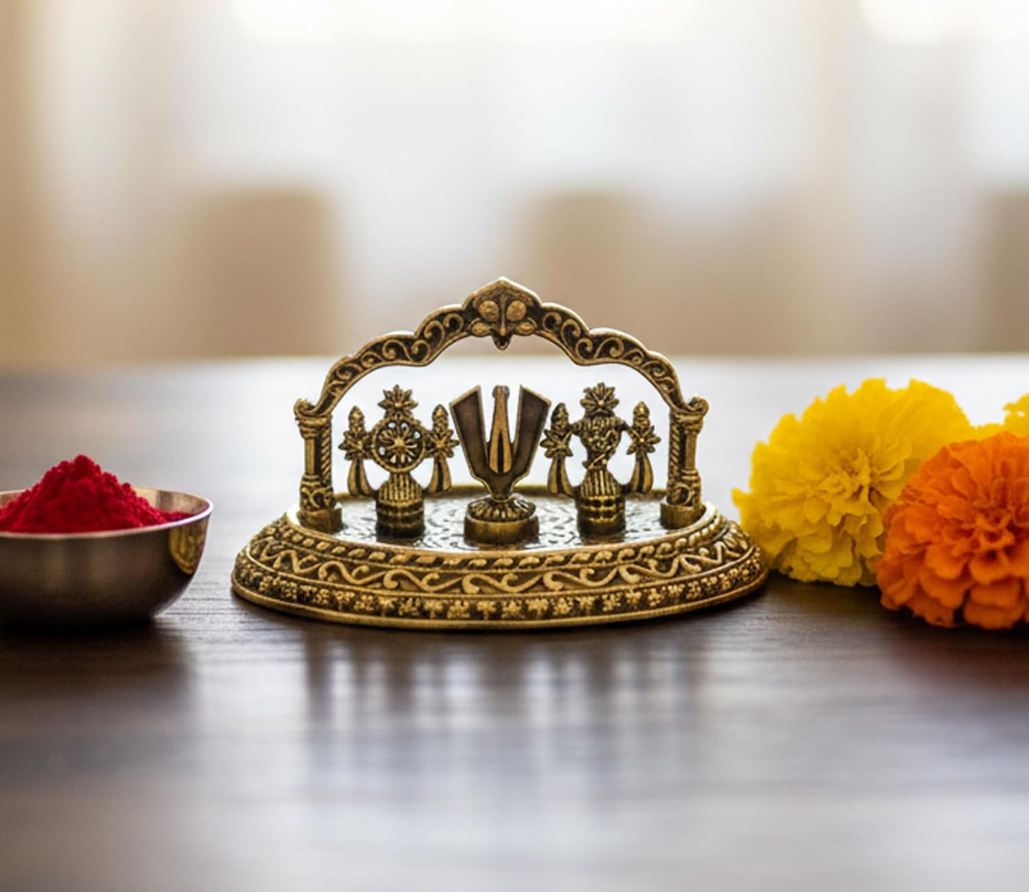 ESPLANADE Brass Shankh Chakra Namah Showpiece, Shankha Chakra Tilak, Shankha Gada Padma, Padmanabha Swami Vishnu, Home Decor, Golden 3.4 Inches