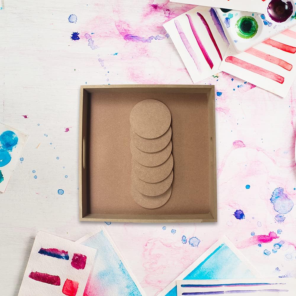 IVEI Do-it-Yourself Square Tray with Plain Round MDF Coasters Set of 6- for Activity - decoupage - DIY Circle MDF Coasters - DIY Tray (11.5in X 11.5in)