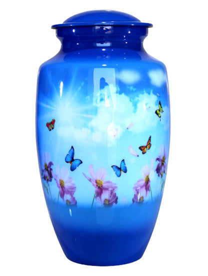 eSplanade Metal Cremation Urn Memorial Jar Pot Container | Full Size Urn for Funeral Ashes Burial | Colorful Butterflies Print | White - 10" Inches