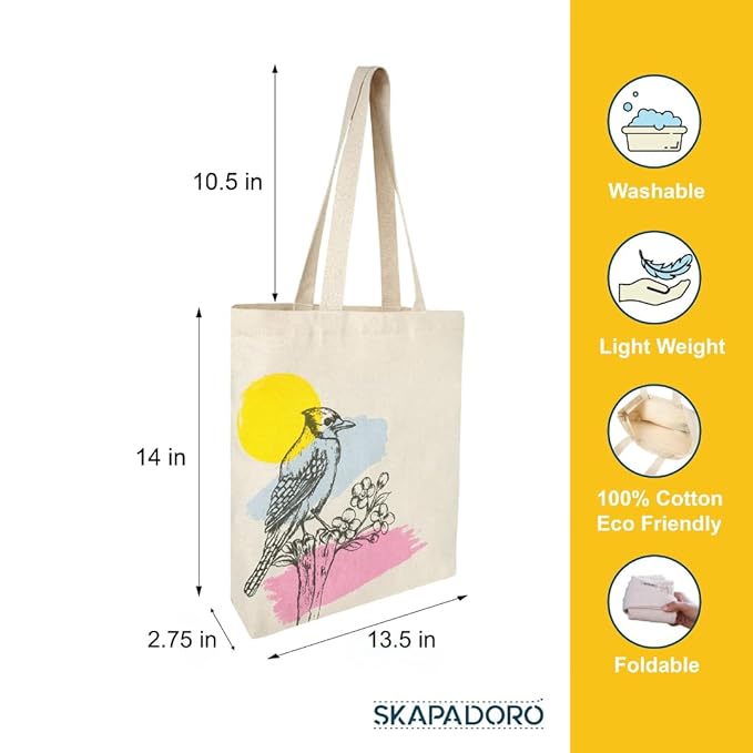 SKAPADORO, Canvas Zip Tote - 100% Cotton, Ecofriendly Printed Tote Bags For Travel, College & Beach, Shopping, Grocery, Easy to Wash Trendy Everyday Shoulder Bag