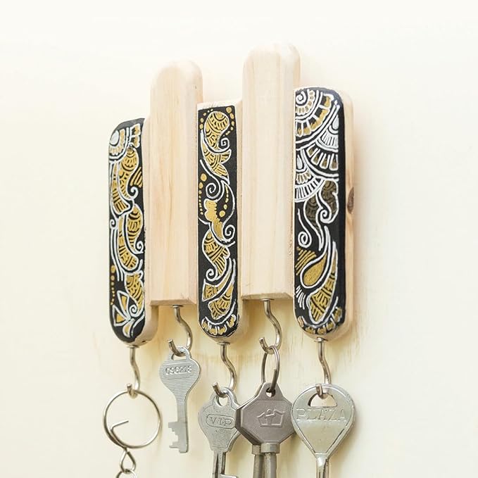 ESPLANADE Key Holder for Wall - Decorative Hand-Painted Wooden Key Holder - Key Organizer Wall Hooks - Vintage Key Hooks - Wall Mounted Stylish Key Holder for Wall, Home Decor, Office Decor