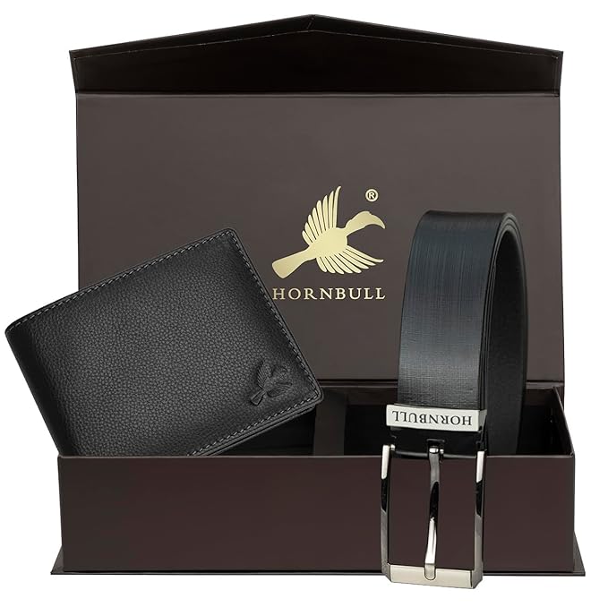 HORNBULL Mens Gift Combo Black Wallet and Belt | RFID Wallet Gift Combo for Men | Wallet for Men BW104118 (Black Wallet+Black Belt)