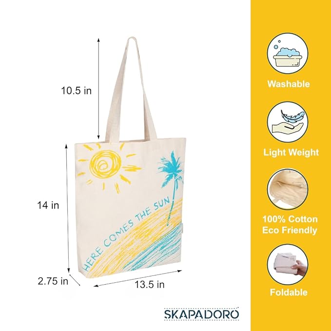 SKAPADORO Tote Bag 100% Cotton, Natural Ecofriendly Basic Canvas Bag for Travel, College, Beach, Shopping, Grocery, Vegetable Bag - Sun/Beach; Judging Plastic Bag & Origami Design