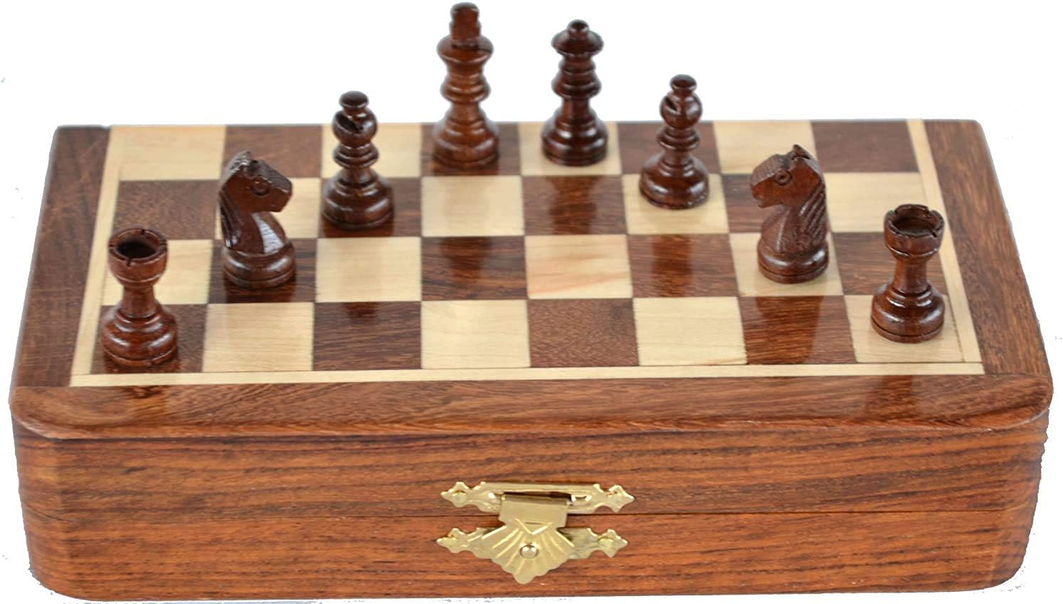 Handmade Wooden Rosewood Foldable Magnetic Chess Game Board with Storage Slots, 7 Inch