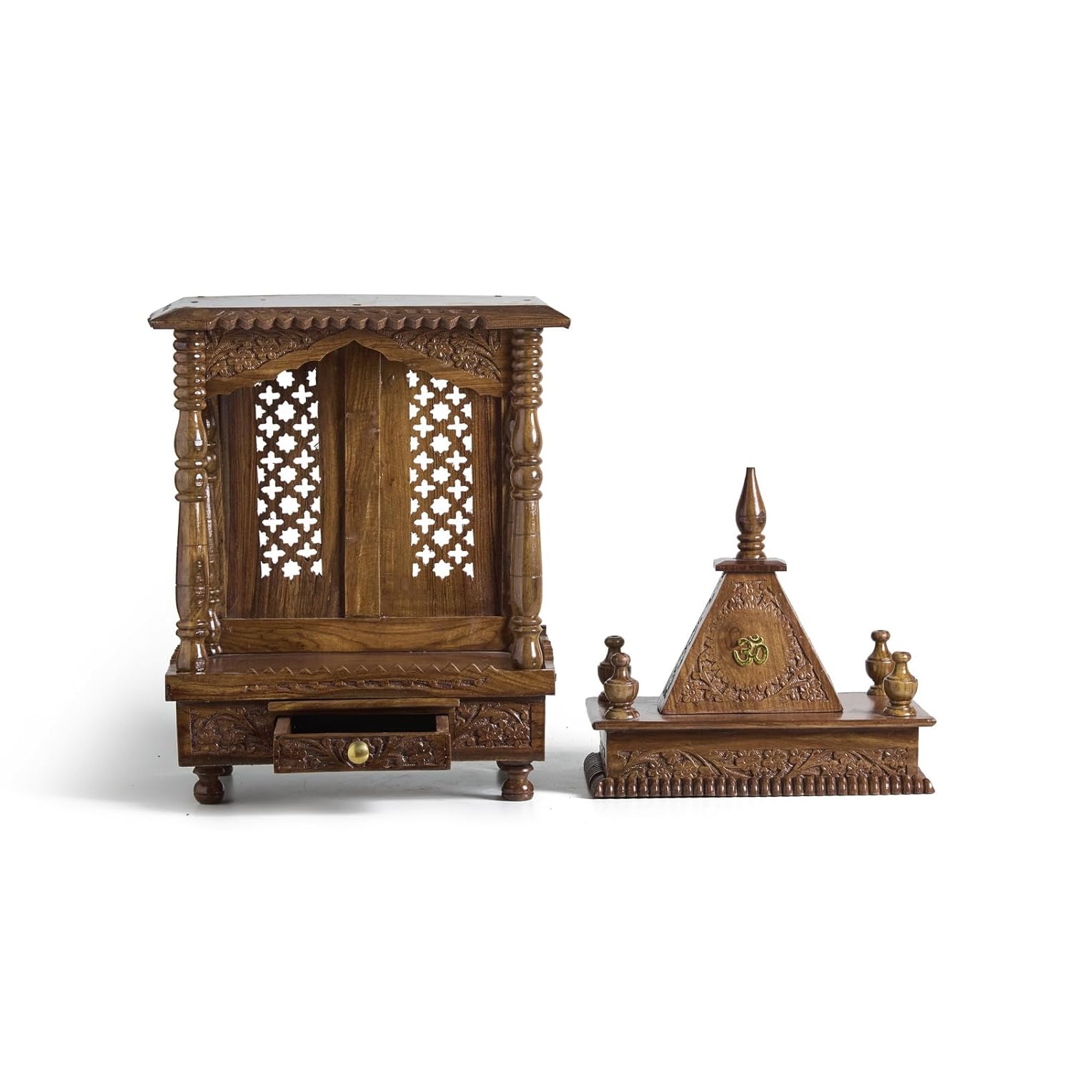 ESPLANADE Beautiful Wooden Mandir for Home, Engraved Temple for Home with Storage Drawer, Puja Mandir Stand, Pooja Items for Pooja Room,Temple for Office, Brown