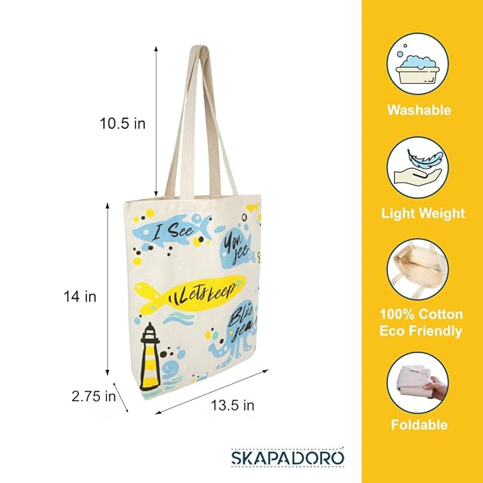 SKAPADORO, Canvas Zip Tote - 100% Cotton, Ecofriendly Printed Tote Bags For Travel, College & Beach, Shopping, Grocery, Easy to Wash Trendy Everyday Shoulder Bag
