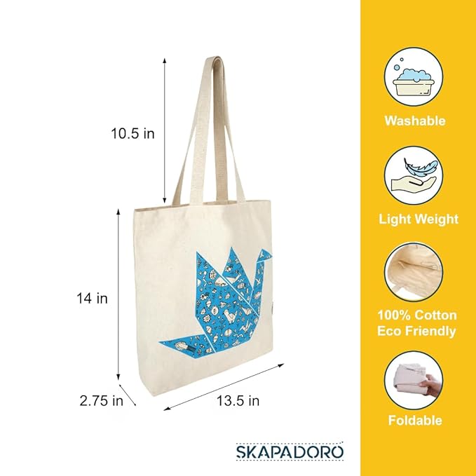 SKAPADORO Tote Bag 100% Cotton, Natural Ecofriendly Basic Canvas Bag for Travel, College, Beach, Shopping, Grocery, Vegetable Bag - Sun/Beach; Judging Plastic Bag & Origami Design