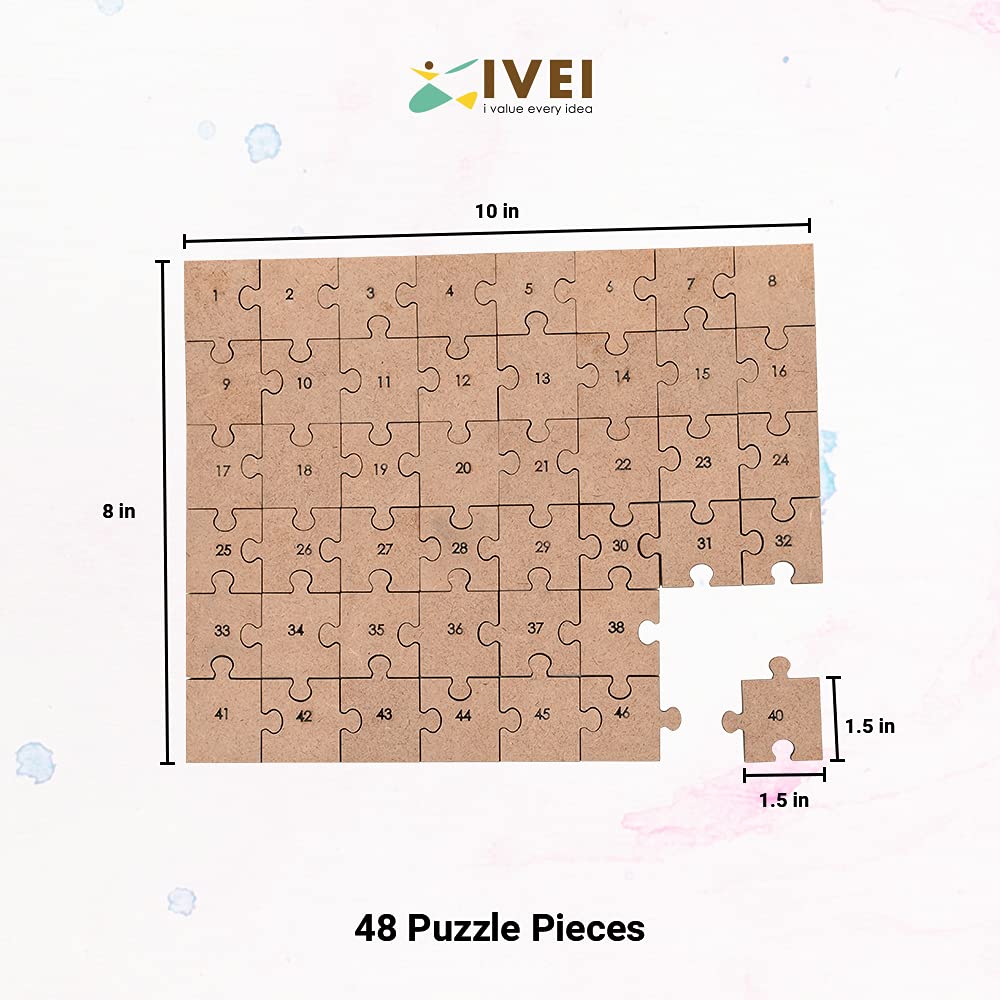 IVEI DIY Wood Sheet Craft - MDF Cutouts Puzzle with Craft Shape/Jigsaw Pieces - Plain MDF Blanks Cutouts - 48 Puzzle Pieces for Painting Wooden Sheet Craft, Decoupage, Resin Art Work & Decoration