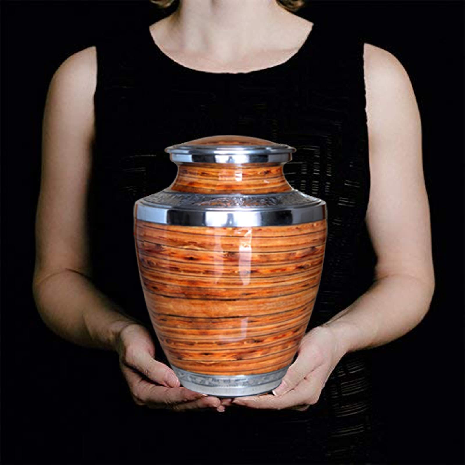 eSplanade Metal Cremation Urn Memorial Jar Pot Container | Full Size Urn for Funeral Ashes Burial | Flowers Printed Urn | Blue, Brown, Multicolor - 10" Inches