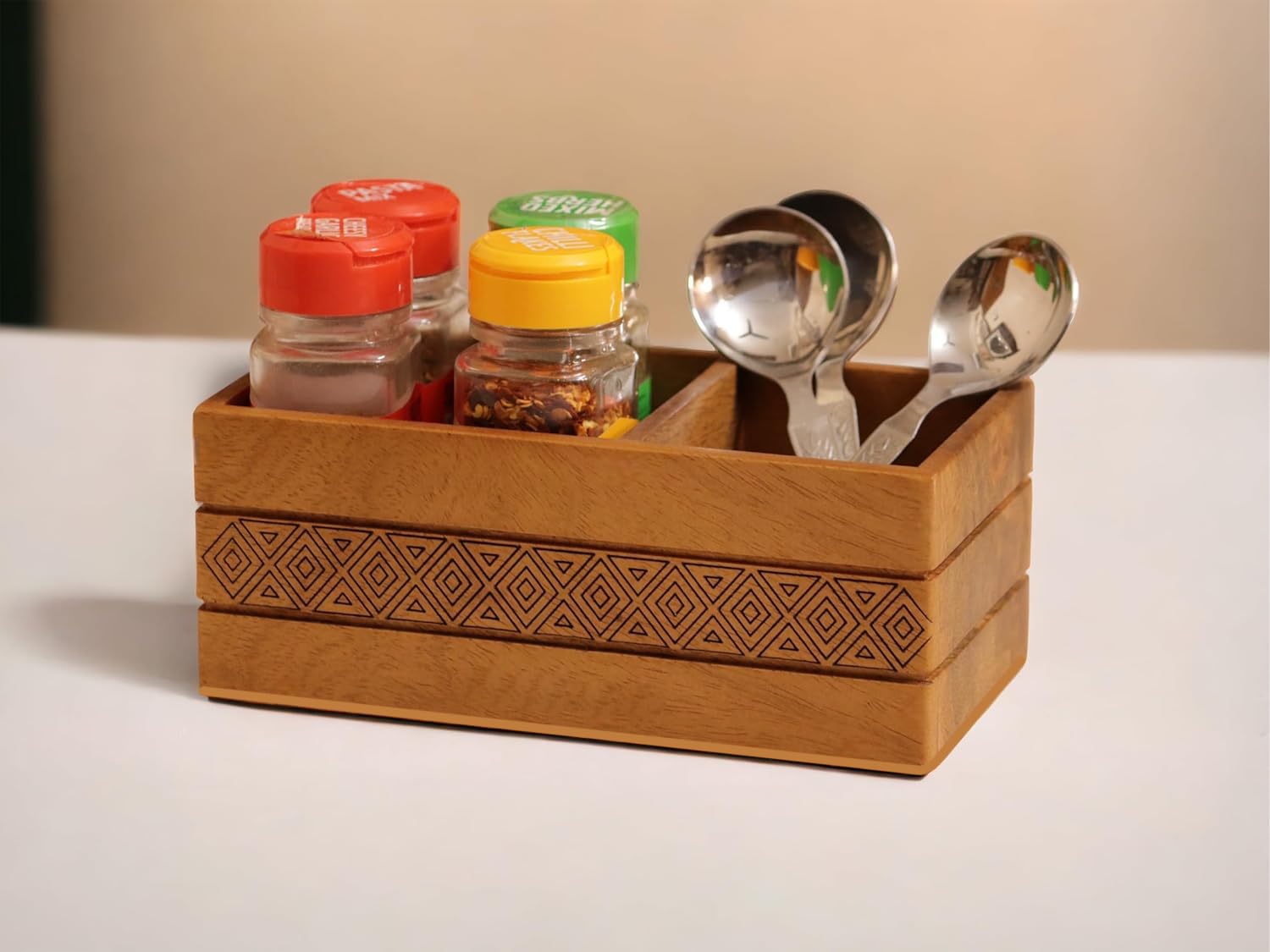 KLEO Wooden Organizer Stand Caddy - Mango Wood Cutlery Holder, Tableware Storage Box for Kitchen, Dining Table | Spoon, Knife, Fork, Chopstick, Spices Organizer | Pen Stand & Stationery Box