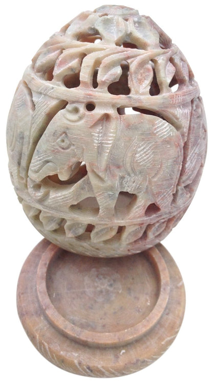 Esplanade Soapstone Candle, Tealight, Votive Holder Sculpture with Elephant Figures and Tendrils Carved on The Side and a Rosette on The Top (Small - Appx. 3 X 2.5 in)
