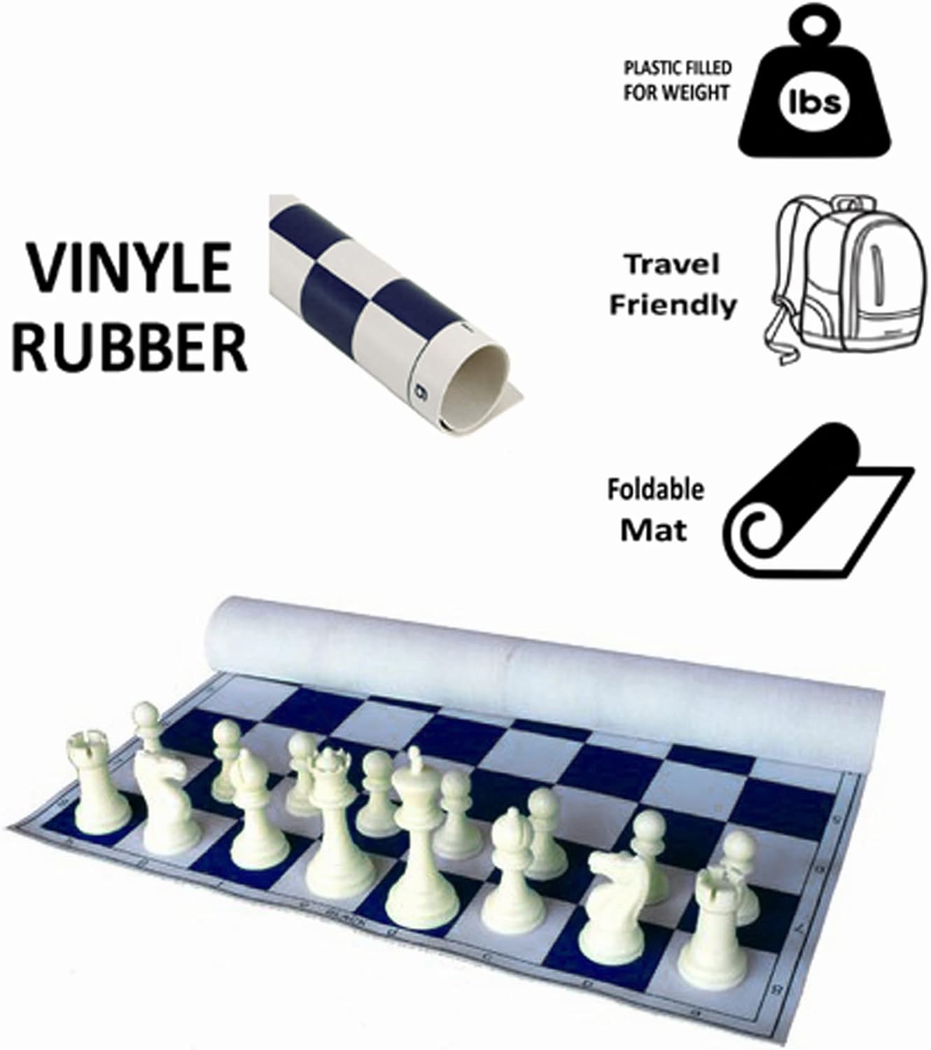 StonKraft 18.2'' x 18.2'' Tournament Roll Up Vinyl Chess with Pieces - Ideal for Professional Players