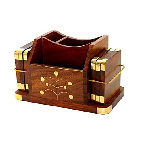 StonKraft Wooden Rosewood Desk Organizer, Coasters Set, Pen Stand, Business Card Holder With Brass Work (Office Table Accessories) - Desk Organizer - Coaster