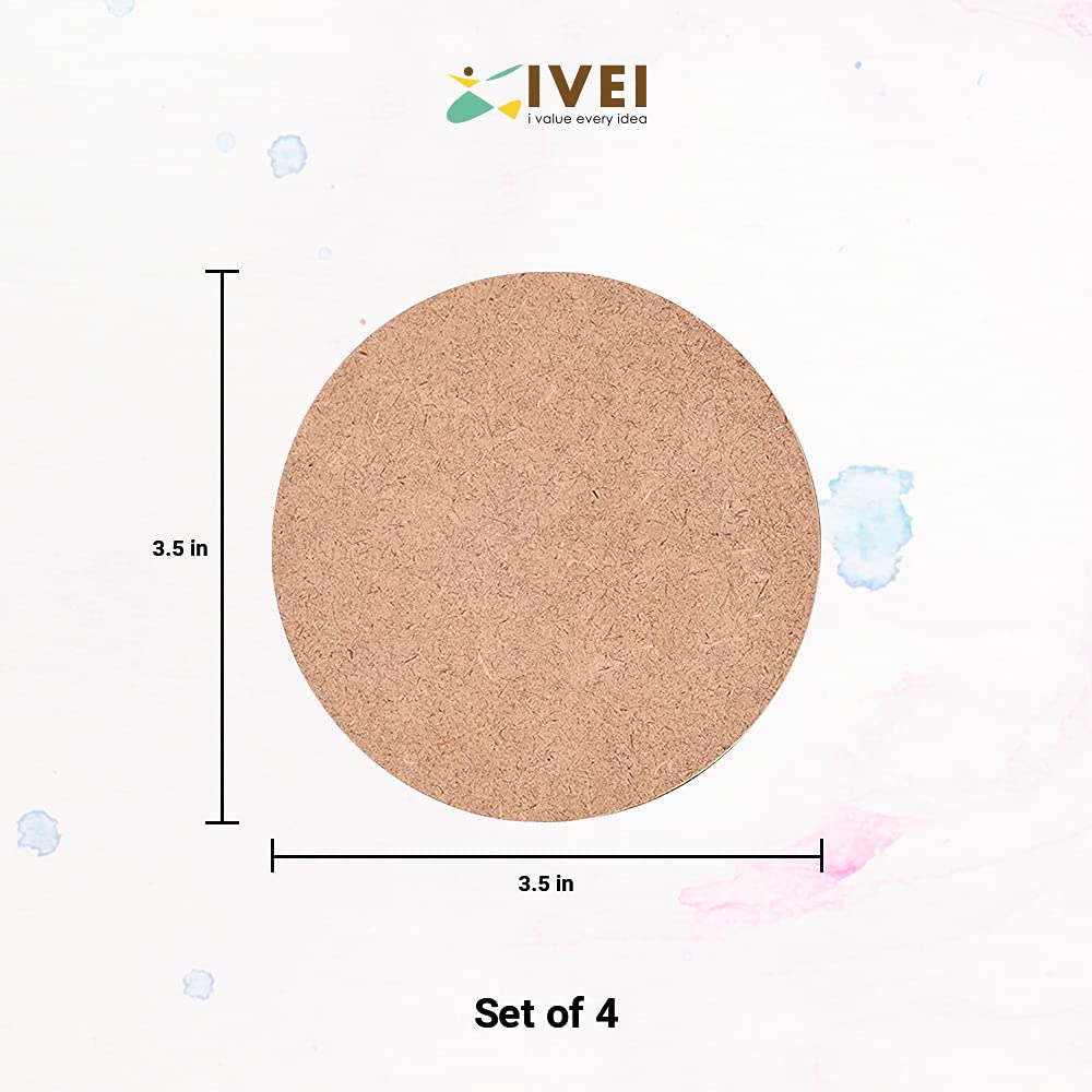 IVEI MDF DIY Round Coasters with Vertical Holder - MDF Plain Wooden Coasters & Holder Blank Cutouts for Painting Wooden Sheet Craft, Decoupage, Resin Art Work & Decoration - Set of 4 (3.5in X 3.5in)