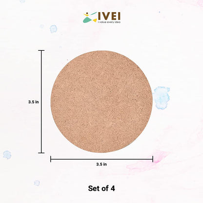 IVEI MDF DIY Round Coasters with Vertical Holder - MDF Plain Wooden Coasters & Holder Blank Cutouts for Painting Wooden Sheet Craft, Decoupage, Resin Art Work & Decoration - Set of 4 (3.5in X 3.5in)