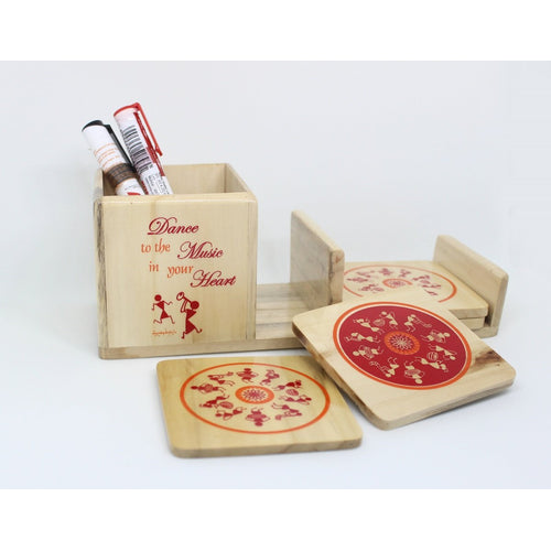 IVEI Warli Wooden Pen Stand with Mobile Holder and Coaster - Utility Pen Stand - Desk Organizer - Stationery Holder - Table Top Items - Unique Pattern Coaster - Best Gift for Office and Home