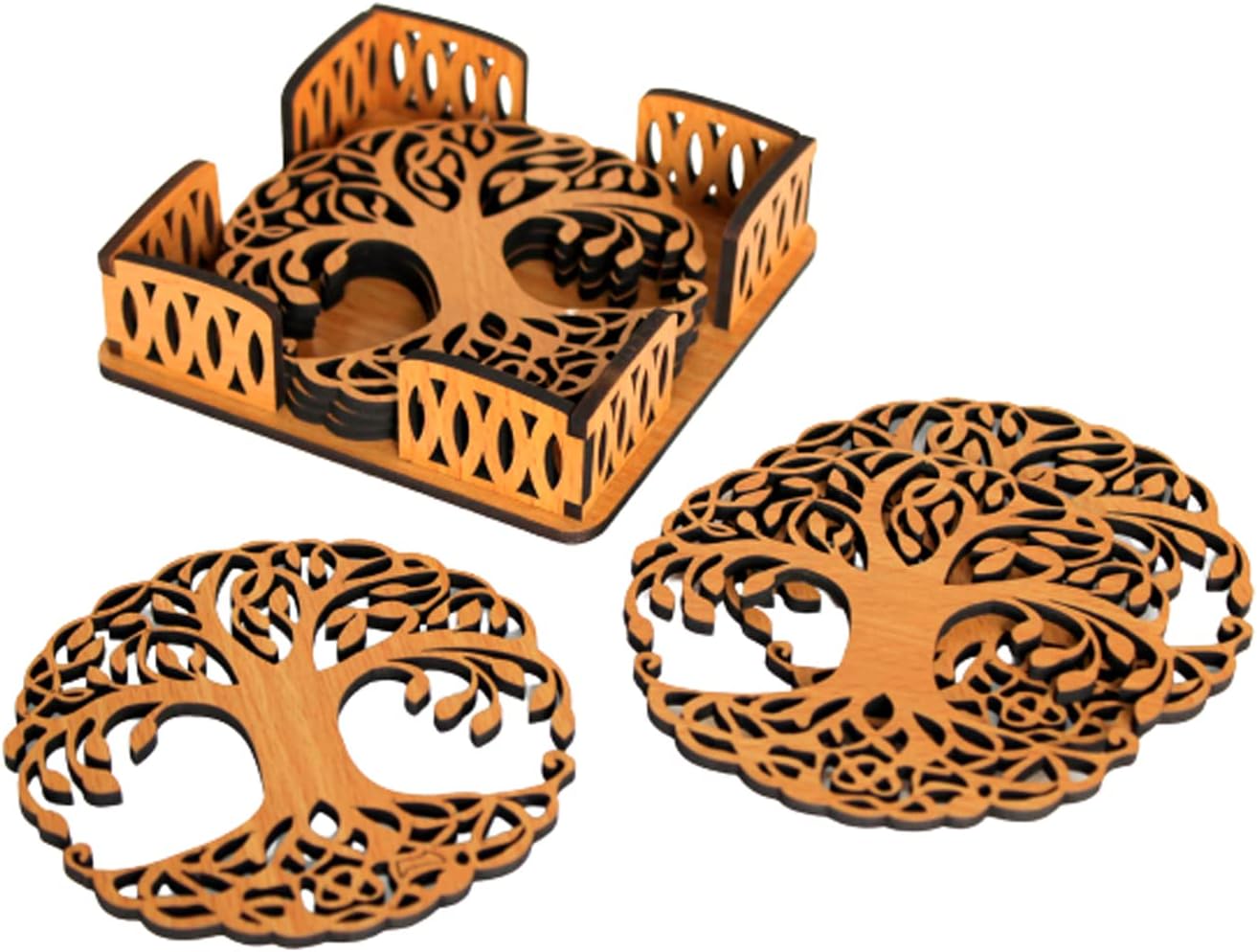 Esplanade Wooden Coasters for DIY Activities,Craft,Decoupage,Painting,Resin Work - 6 Coasters with Holder (Kalpavriksha Tree of Life Design)