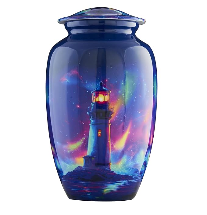Esplanade Metal Urn for Ashes Adult Male Female – 10" Cremation Urn for Human Ashes, Full Size Large Urn, Aurora Northern Lights Lighthouse Blue Colour, Funeral Vase with Velvet Bag - for 80kg Adult