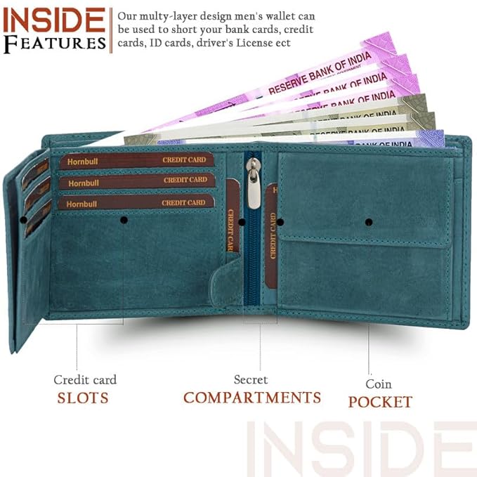HORNBULL Vegas Aqua Vintage Blue RFID Blocking Hunter Leather Wallet for Men | Wallets Men Leather | Mens Wallet