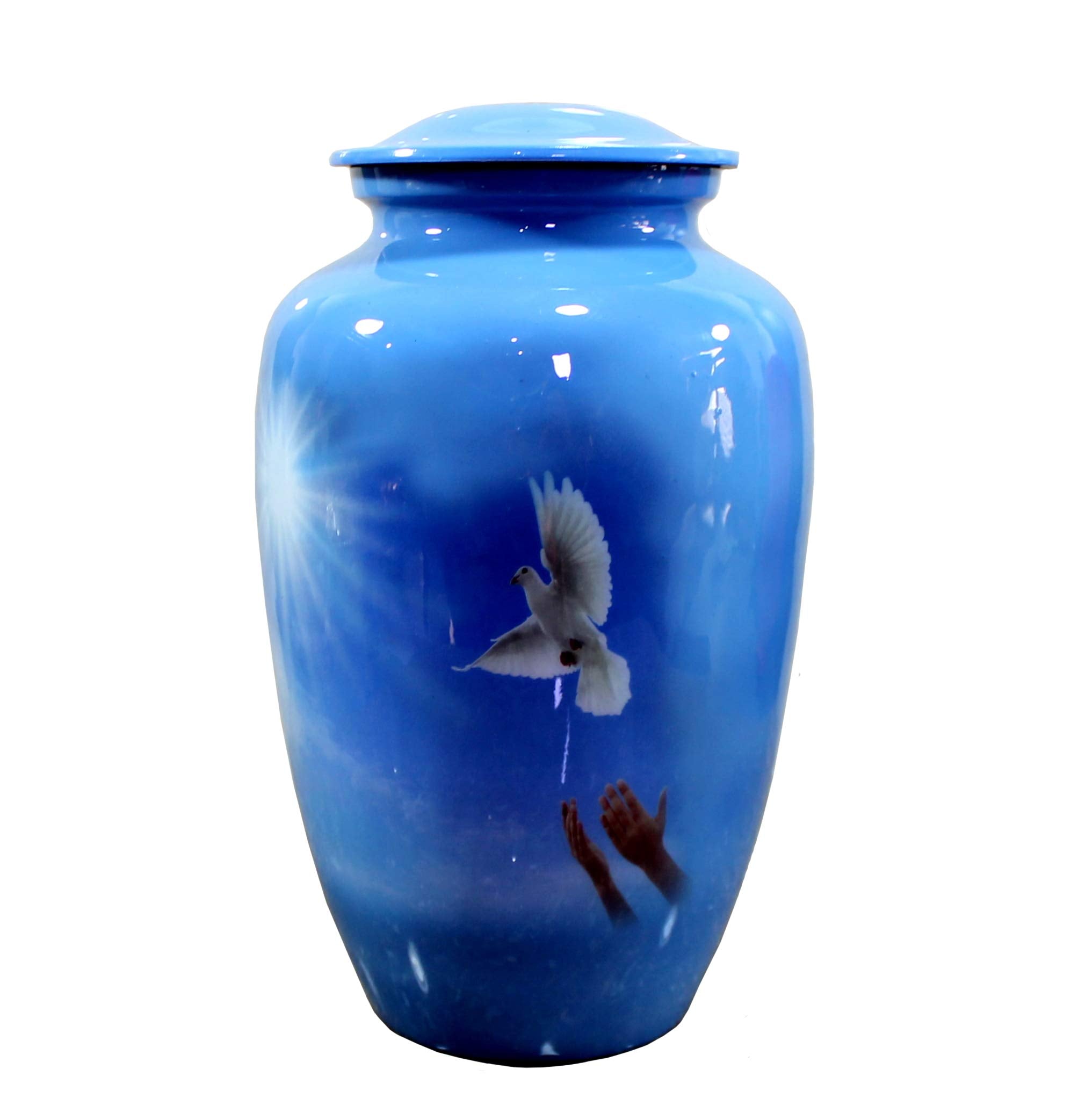 eSplanade Metal Cremation Urn Memorial Jar Pot Container | Full Size Urn for Funeral Ashes Burial | Falcon Printed Urn , Seagull Printed Urn ,White Pigeon Print   | Blue - 10" Inches