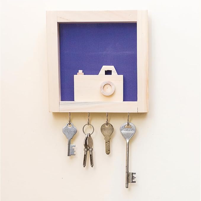 ESPLANADE Wooden Key Holder Handcrafted Hand-Spun Khadi Key Holder - Compact Decorative Camera Design Wall Hooks in Blue - Made by Artisans