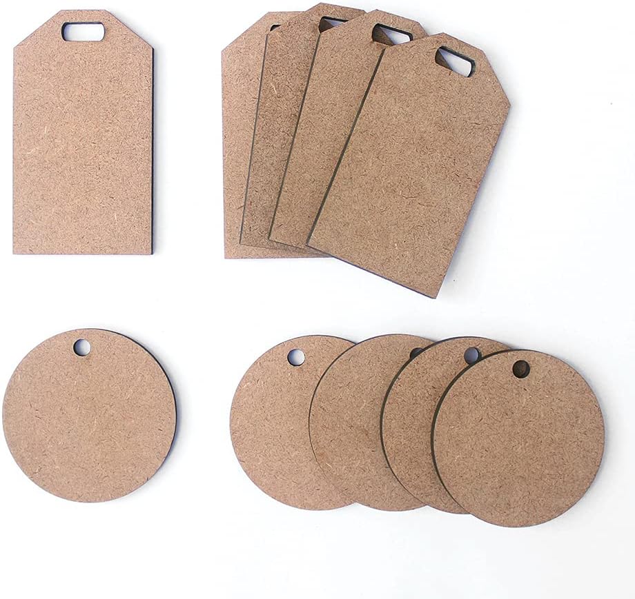 IVEI DIY Wood Sheet Craft - MDF Cutouts Bag/Luggage Tags - Plain MDF Blanks Cutouts - Set of 10 (2 Shapes) for Painting Wooden Sheet Craft, Decoupage, Resin Art Work & Decoration