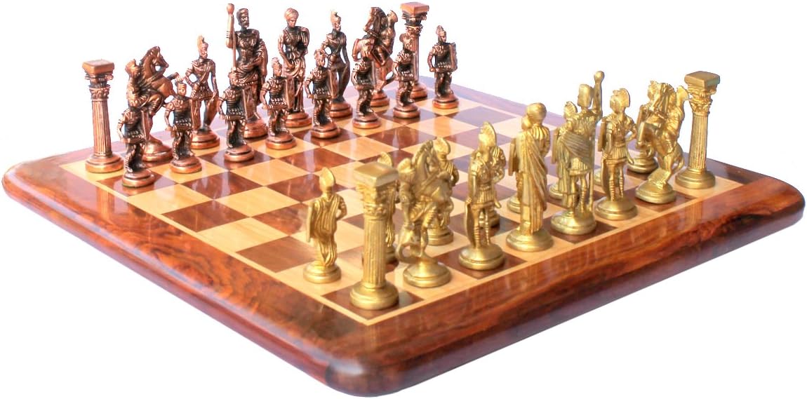 StonKraft - 15" x 15" Collectible Acacia Wood Chess Game Board Set + Brass Roman Figure Pieces