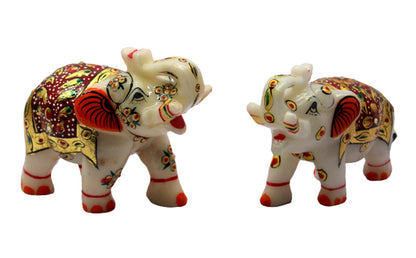 eSplanade Marble Elephant Family - Set of 2 - Sculpture Showpiece Figurines - Home Decor - White Multi - 5" Inches