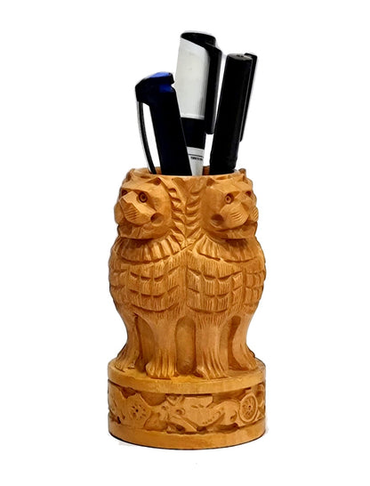 eSplanade Wooden Ashok Stambh/Ashoka Stambh (Stoop) Pillar - Pen Stand | National Emblem India Memento Statue Showpiece - Gift for Home Decorative, Office, Table Decoration (4 Inch Pen Stand)