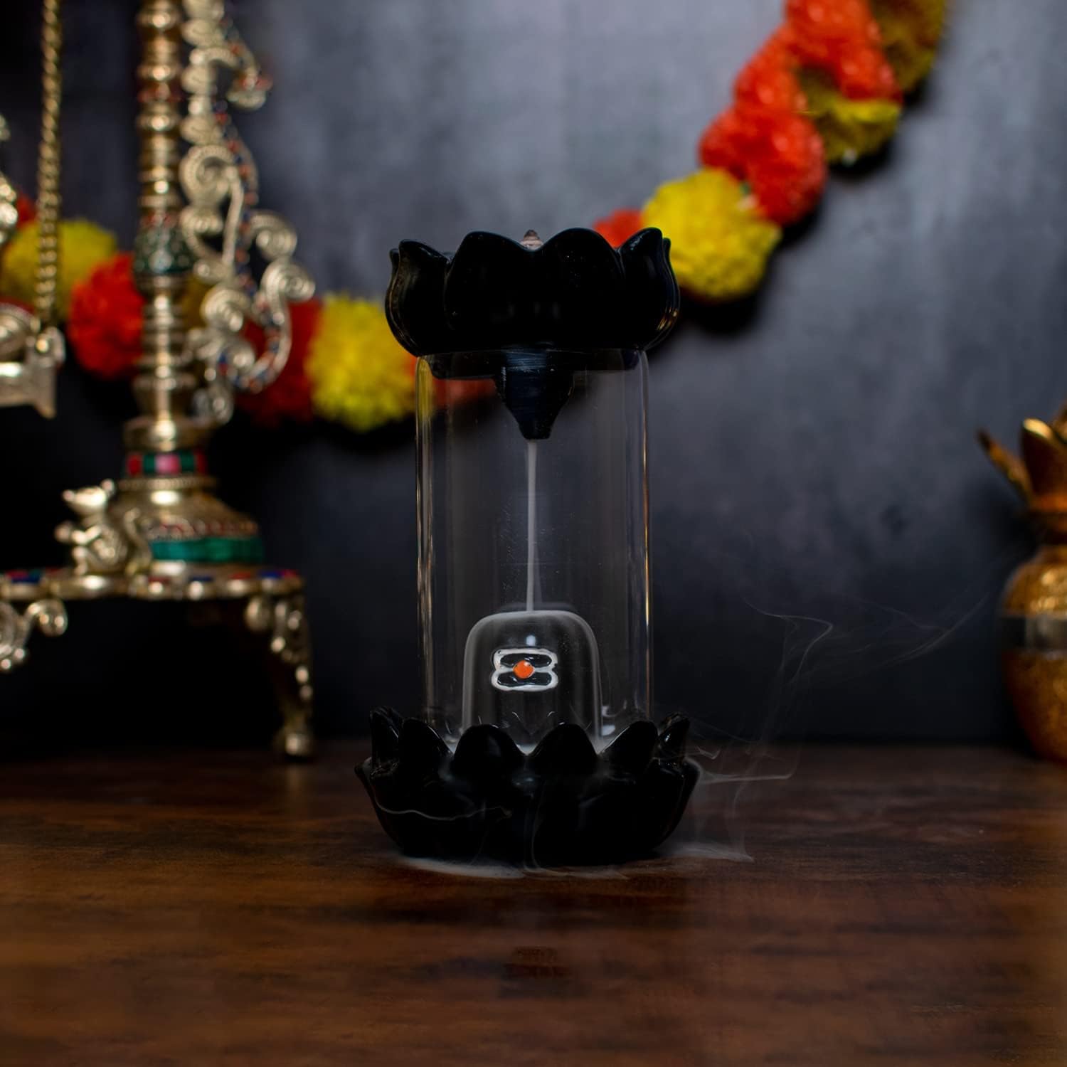 Shiv Ling Shiva Lingam Fog Smoke Fountain with 5 Scented Incense Cones | Resin - Black - 7.75" Inches