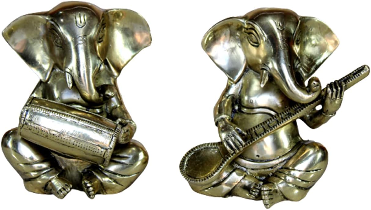 eSplanade 6" Brass God Ganesha Playing Musical Instruments Sitting Statues Set of 2