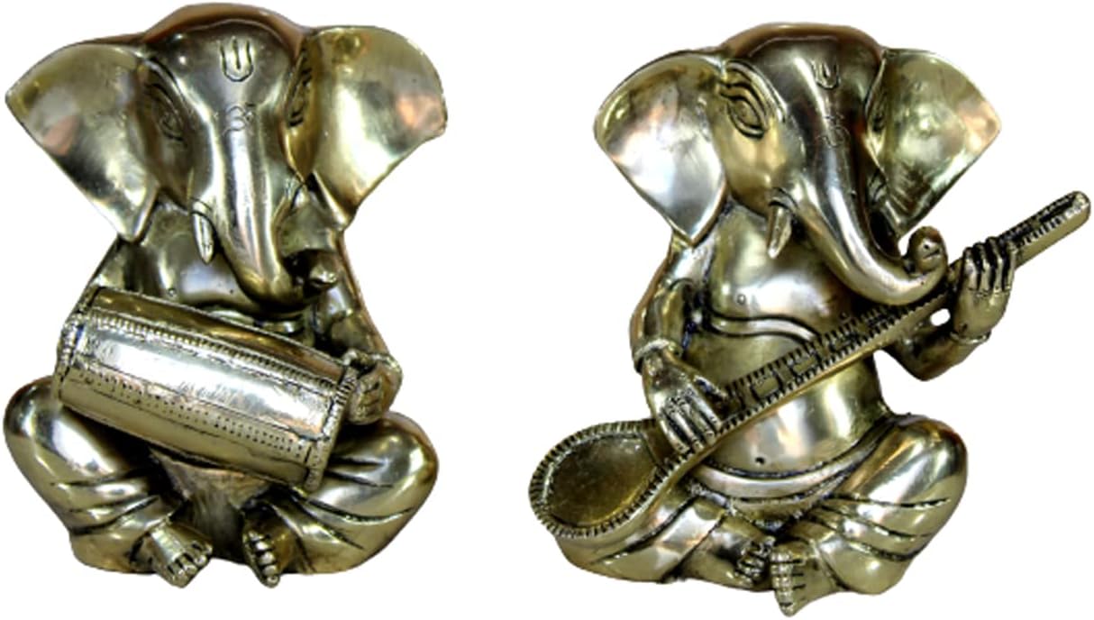 eSplanade 6" Brass God Ganesha Playing Musical Instruments Sitting Statues Set of 2