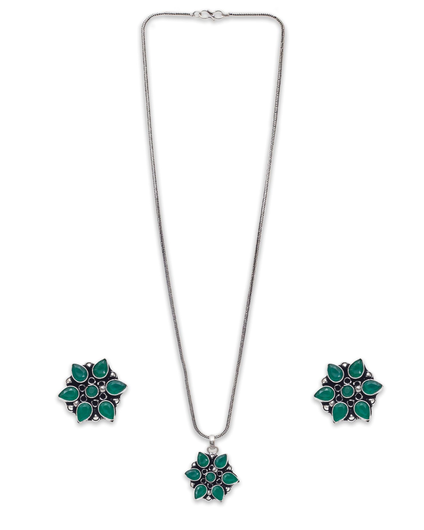 Binnis wardrobe green kundan flower pendant with finger Ring necklace set