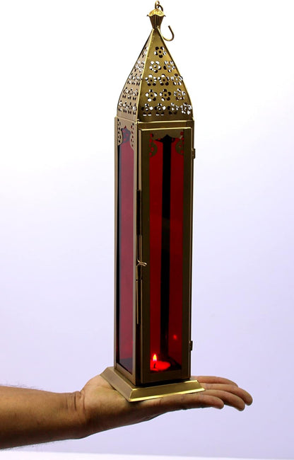 eSplanade Moroccan Lantern Hanging Lamp Tealight Candle Holder - Metal-Glass - Red-Golden - 17" Inches