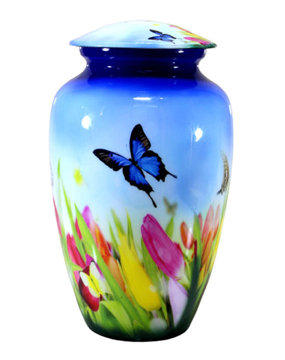 eSplanade Metal Cremation Urn Memorial Jar Pot Container | Full Size Urn for Funeral Ashes Burial | Colorful Butterflies Print | White - 10" Inches