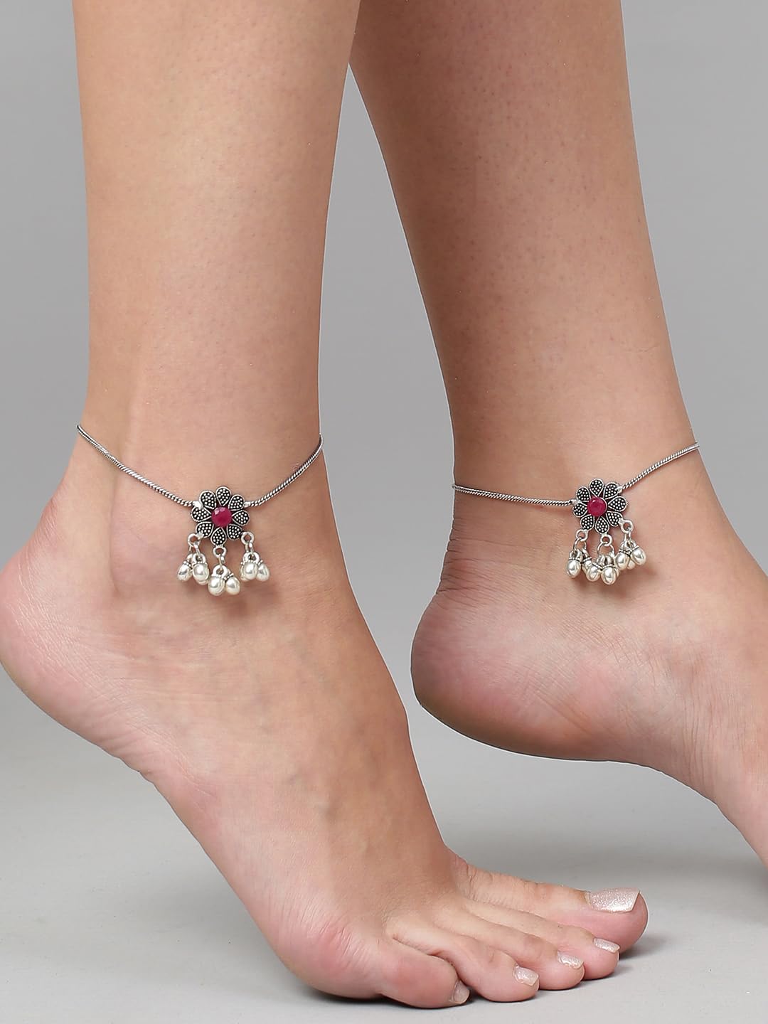 Binnis wardrobe Silver-plated Anklets Paayal Ka_ukk_l with flower fligrees