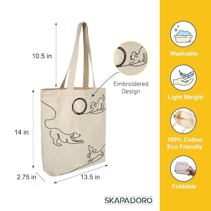 SKAPADORO Canvas Zip Tote - 100% Cotton, Embroidered Tote Bags For Travel, College, Beach, Shopping, Grocery, Easy to Wash Trendy Everyday Shoulder Bag - Dog Lovers & Idea Design