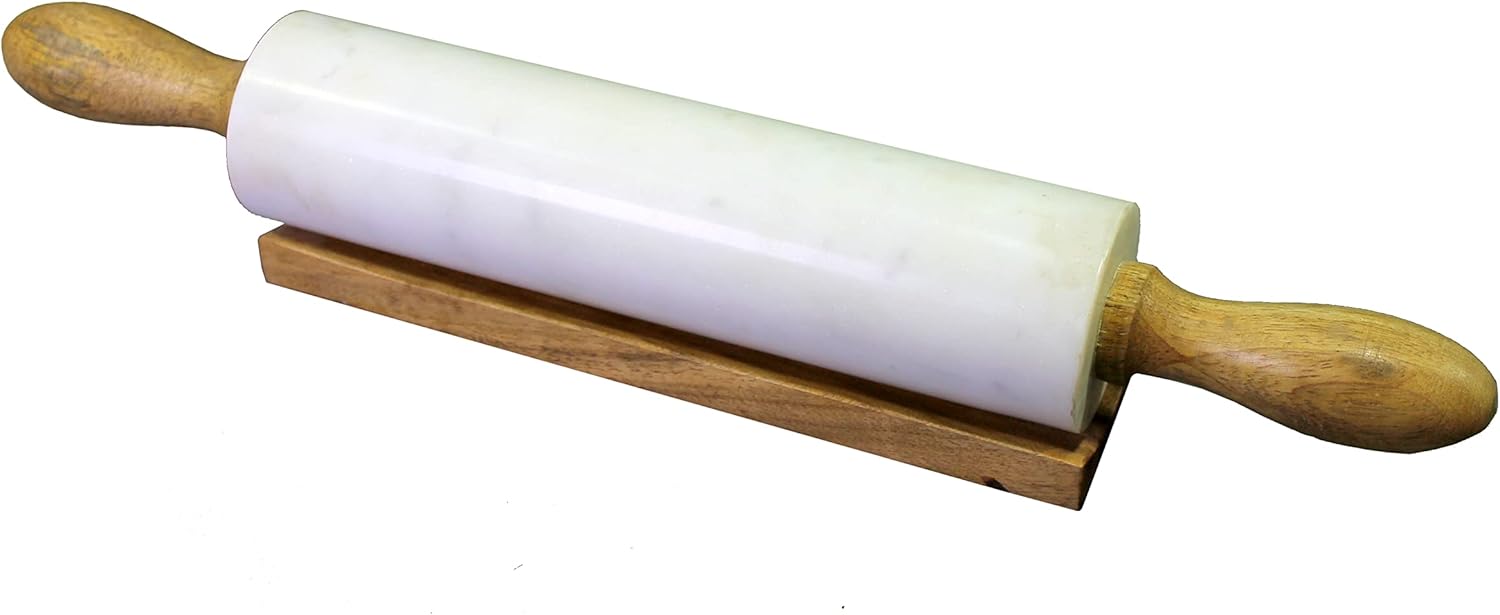 KLEO Natural White Marble 18 inches Rolling Pin with Wooden Handles and Cradle