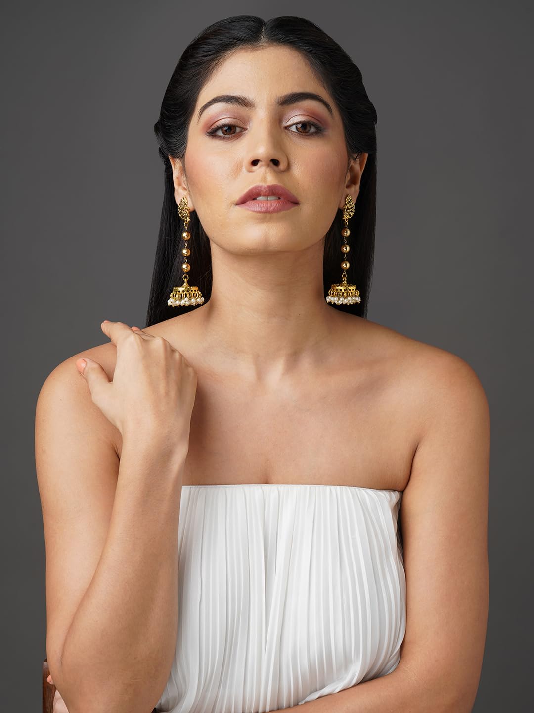 Binnis wardrobe Dual-Toned textured long Jhumka with hanging pearl handcrafted earrings