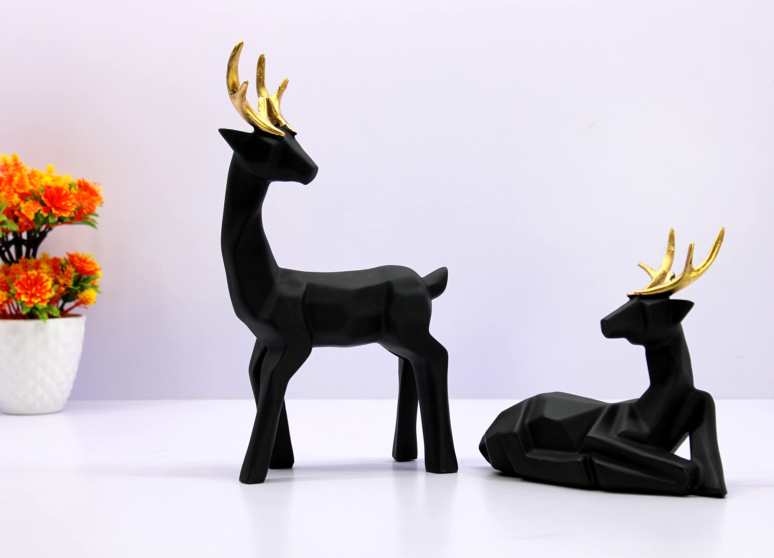 ESPLANADE Resin Deer/Antelope Pair - Set of 2 - Sculpture Figurine Showpiece | Decorative Items - Home Decor | Black - 7.5" Inches