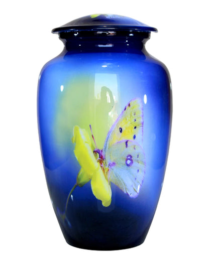 eSplanade Metal Cremation Urn Memorial Jar Pot Container | Full Size Urn for Funeral Ashes Burial | Colorful Butterflies Print | White - 10" Inches