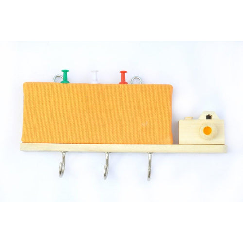 IVEI Utility Key Holder with a Small pin Board and a Handcrafted Wooden Camera - Yellow, Blue