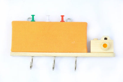 IVEI Utility Key Holder with a Small pin Board and a Handcrafted Wooden Camera - Yellow