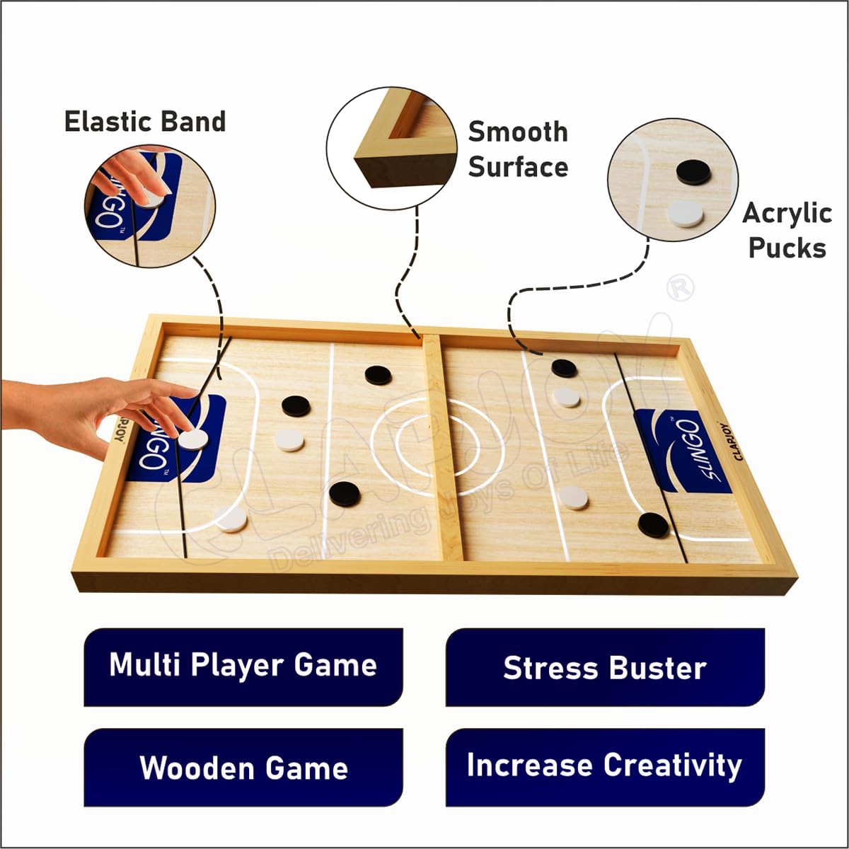 Clapjoy Slingo 2 in 1 Fastest Finger First Board Games for Adults & Kids Wooden String Hockey Game Sling Puck Board Hockey Toy Perfect for Family