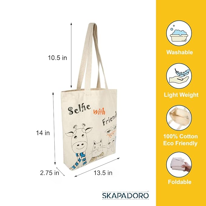 SKAPADORO, Canvas Zip Tote - 100% Cotton, Ecofriendly Printed Tote Bags For Travel, College & Beach, Shopping, Grocery, Easy to Wash Trendy Everyday Shoulder Bag