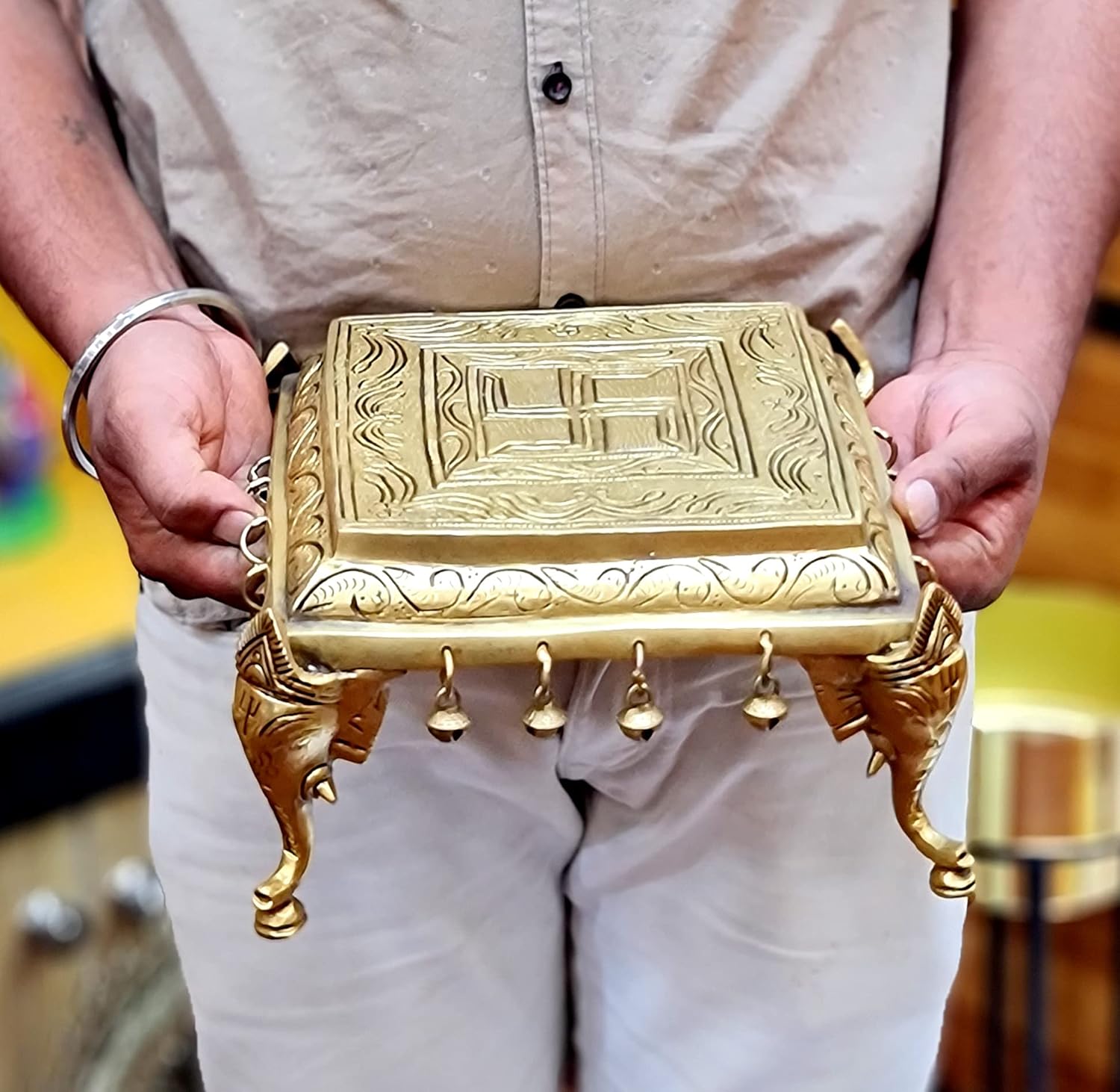 eSplanade Decorative Brass Mandir Chowki with Elephant Pillars & Ghungroo | Pooja God Stool (9" x 9" Inches)