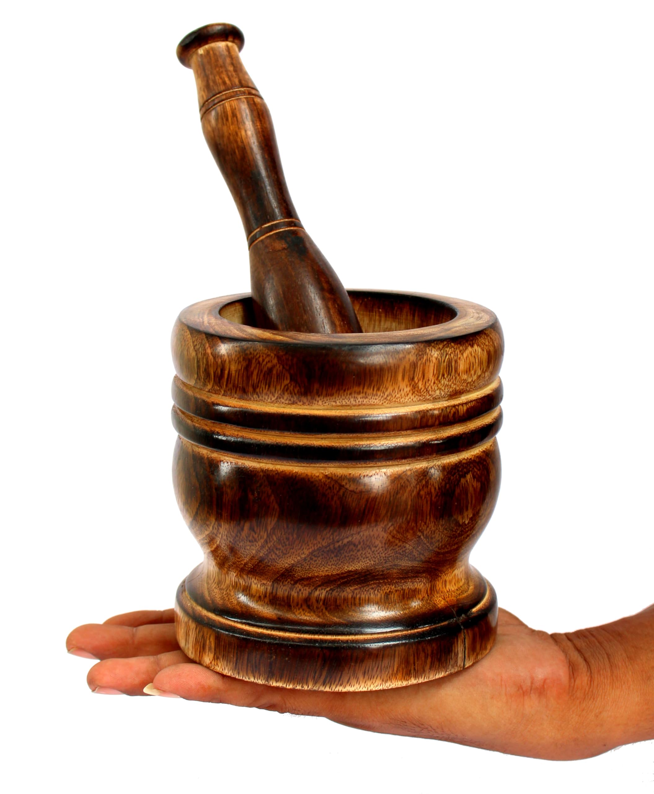 KLEO Wooden Grinder Masher for Spices & Medicine | Okhli Musal Set | Mortar Pestle Set | Imaam Dasta, Kharal, Khalbatta for Kitchen (Brown, 5" Inches)