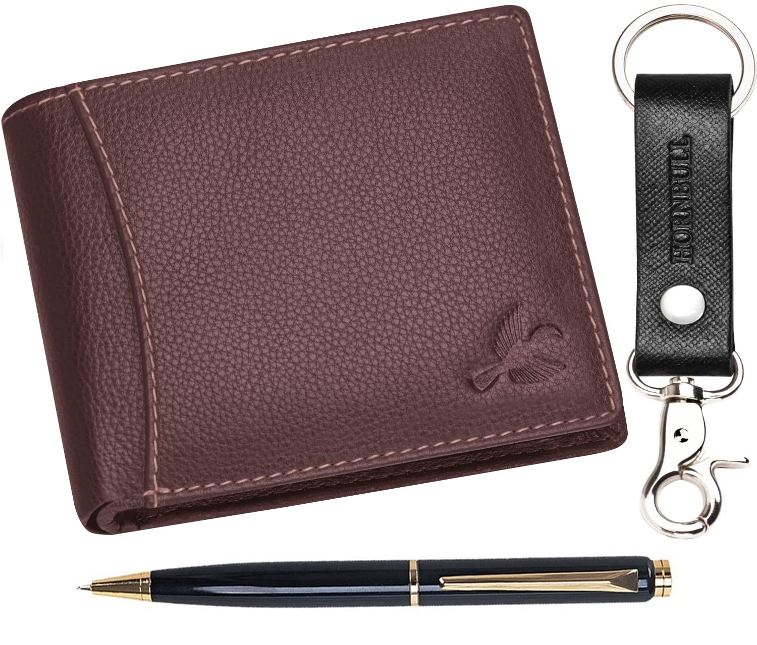 HORNBULL Themes Brown Mens Leather Wallet, Keyring & Pen Combo Gift Set for Men | Valentine's Day Branded Gift Hamper for Men